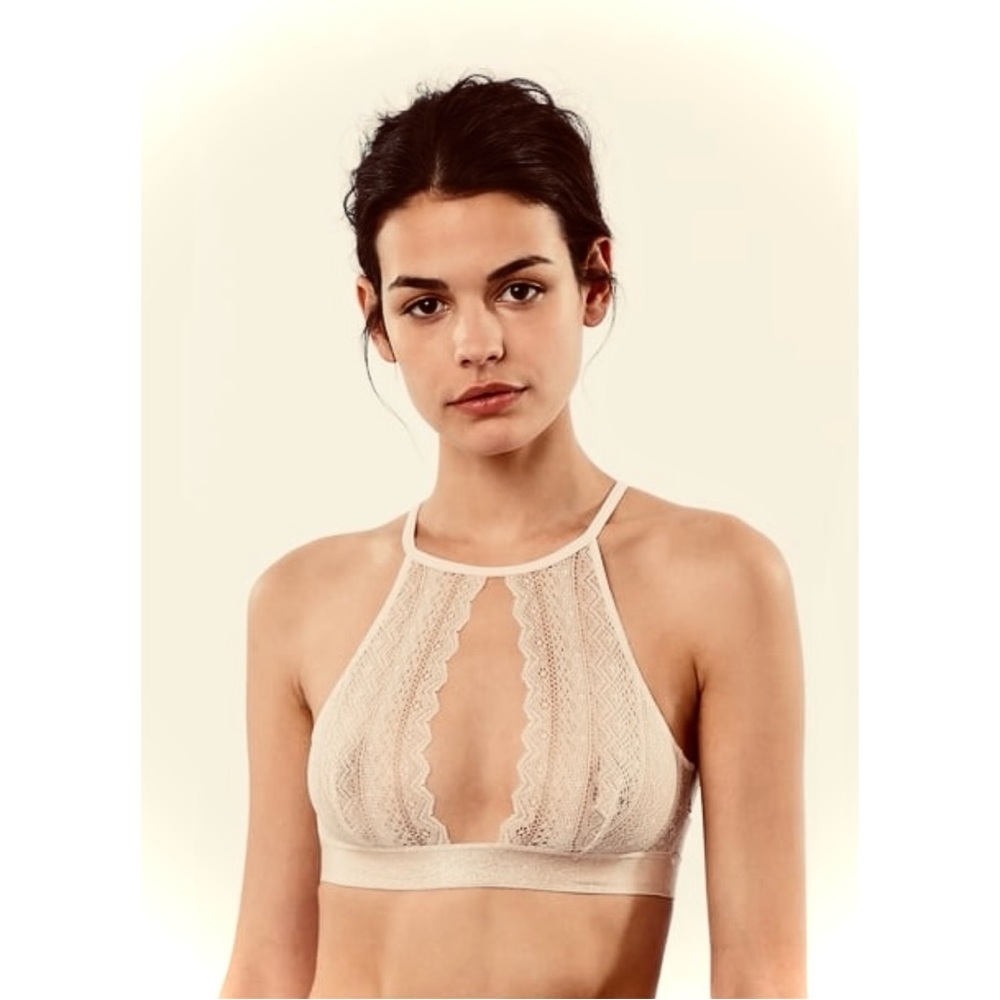 ETAM PARIS | S | Nude Non-Wired Non-Padded High Neck Gold Lace Bralette NWOT